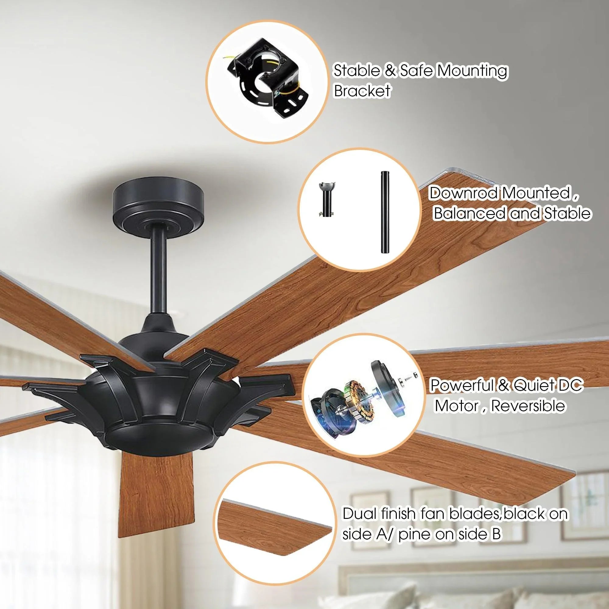 72" Farmhouse DC Motor Brushed Nickel Downrod Mount Reversible Ceiling Fan with Remote Control - Parrot Uncle UK