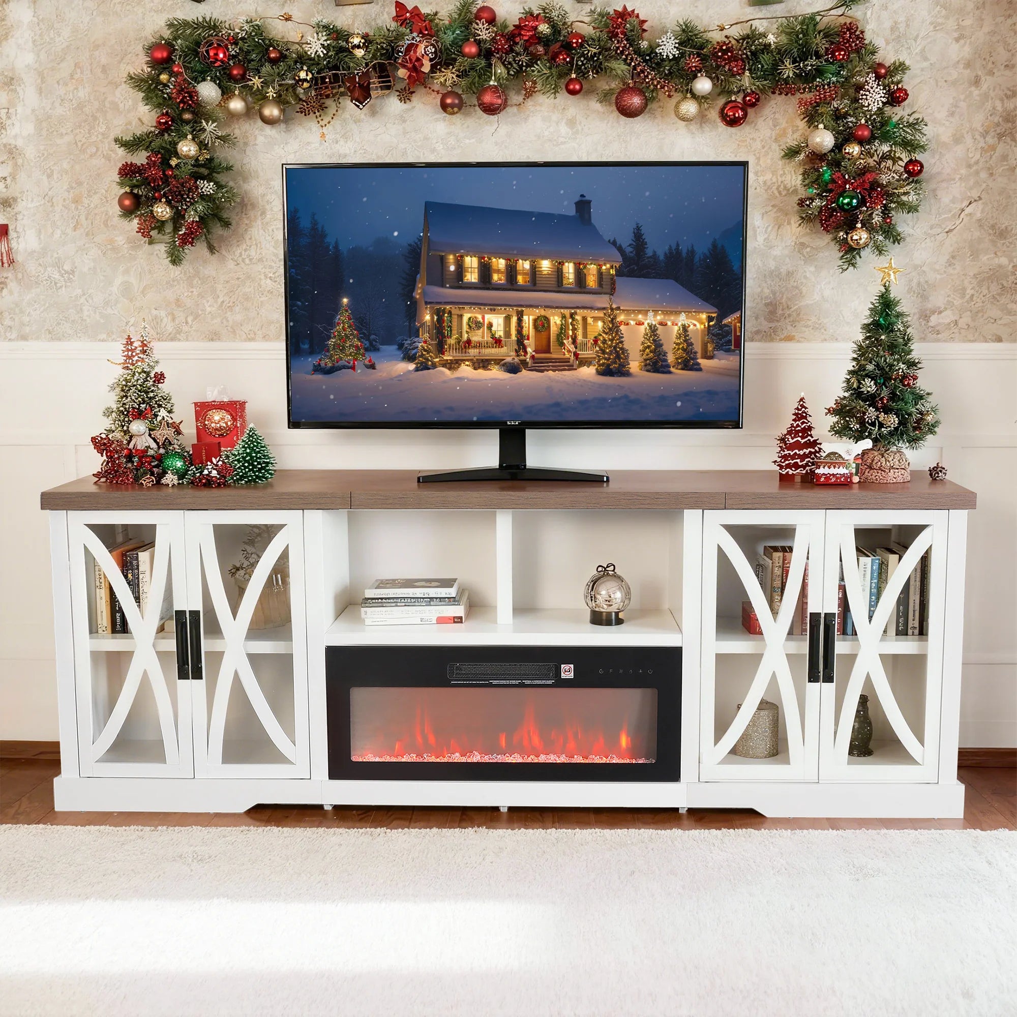 93"/236cm White TV Stand With Storage Cabinets & 36"/91cm Electric Fireplace