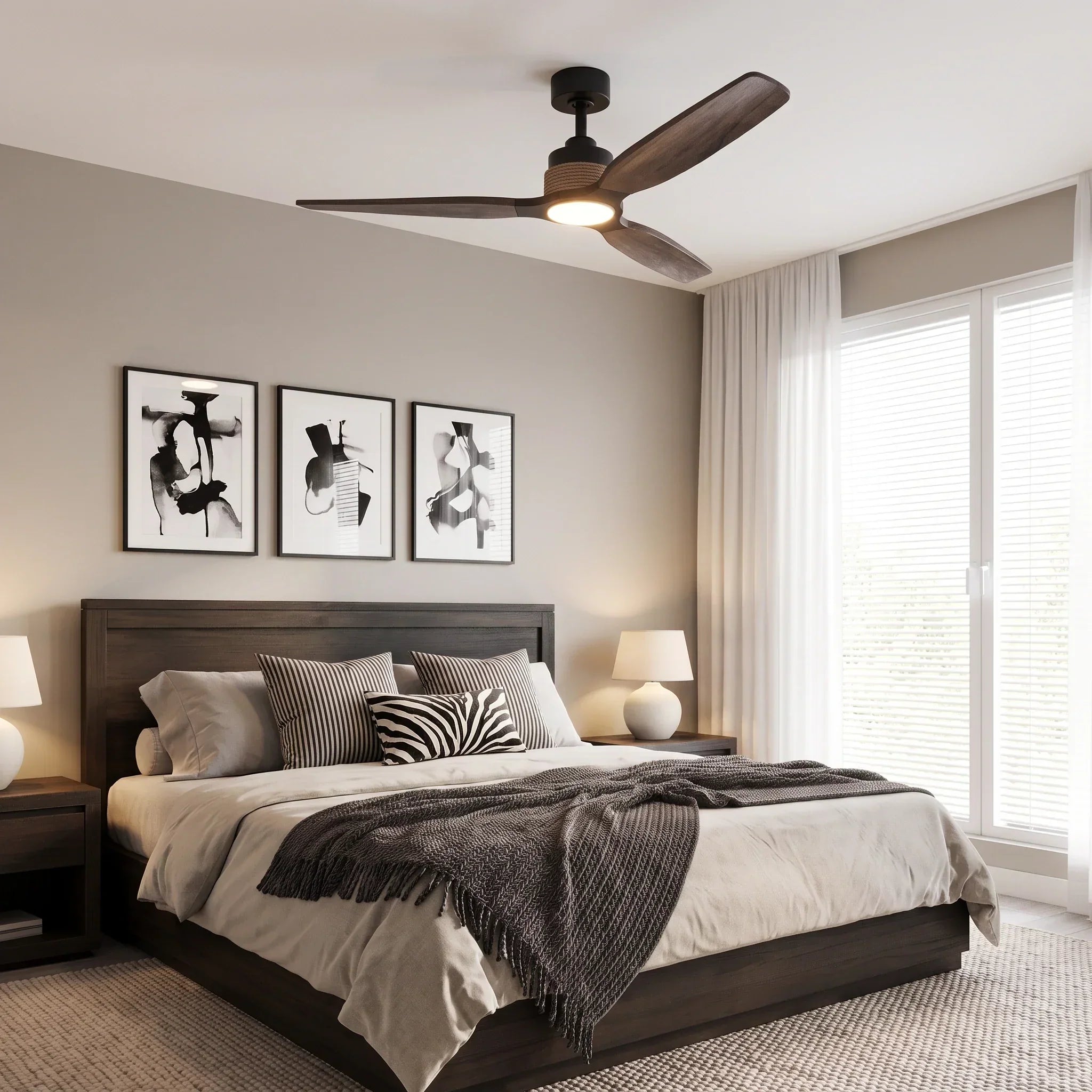 Louise Matte Black Ceiling Fan Ø142 cm with LED Light and 100% Solid Wood Blades