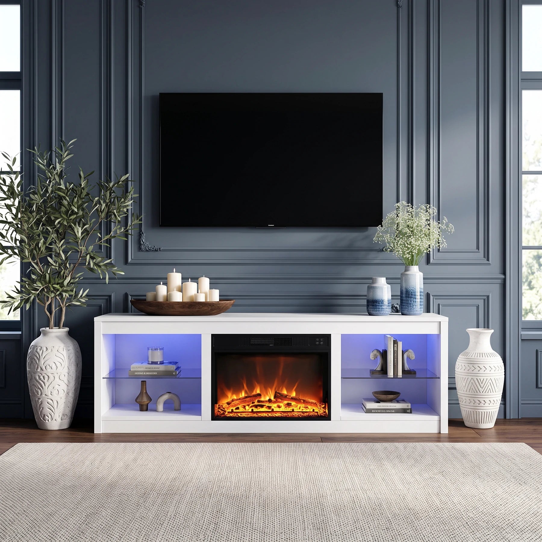 Aruna 168cm/66" White LED TV Stand with Electric Fire Fits Up to 75" TVs with LED Shelf Lighting