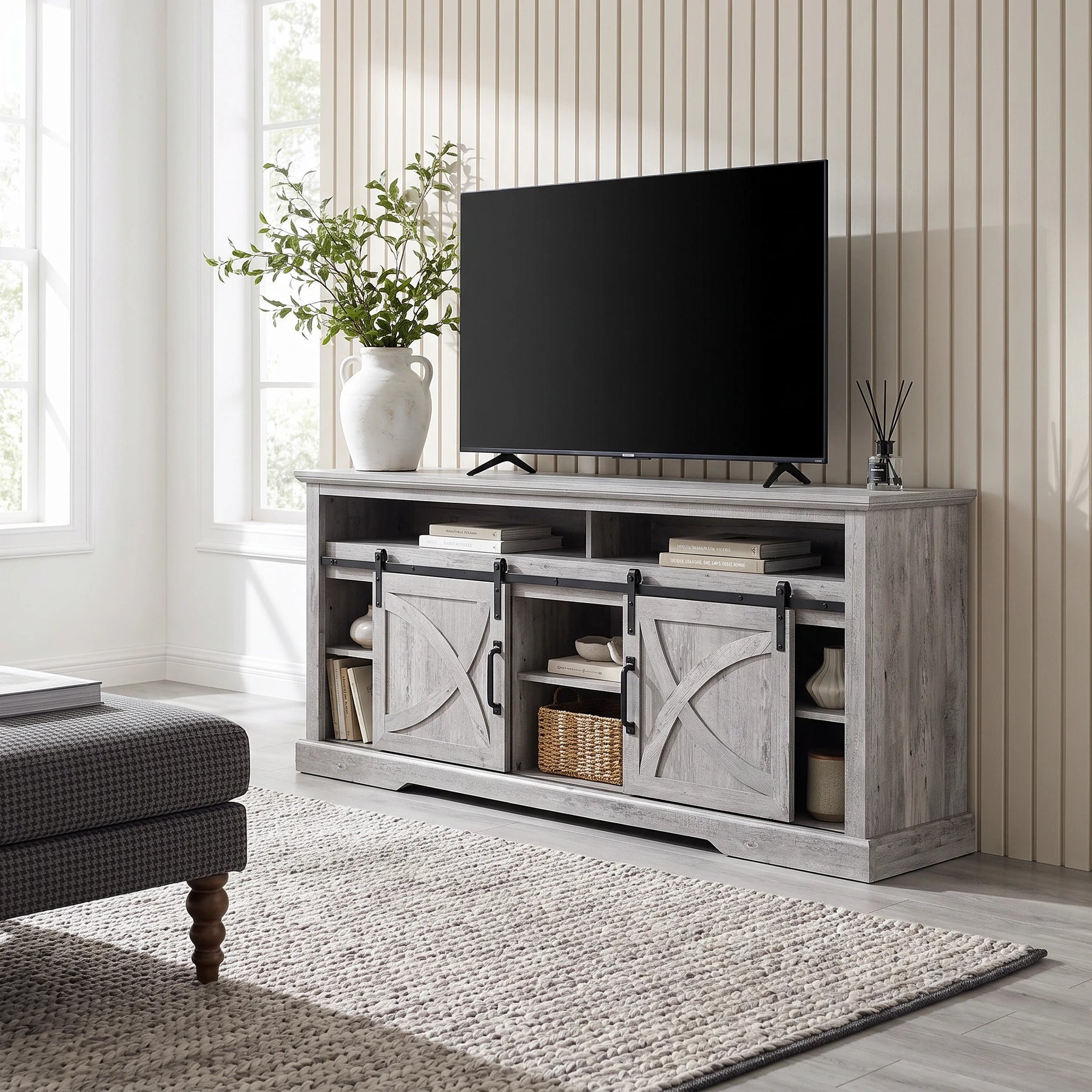 Rowan 173cm/68" Farmhouse Grey TV Stand with 23" Electric Fireplace Inset
