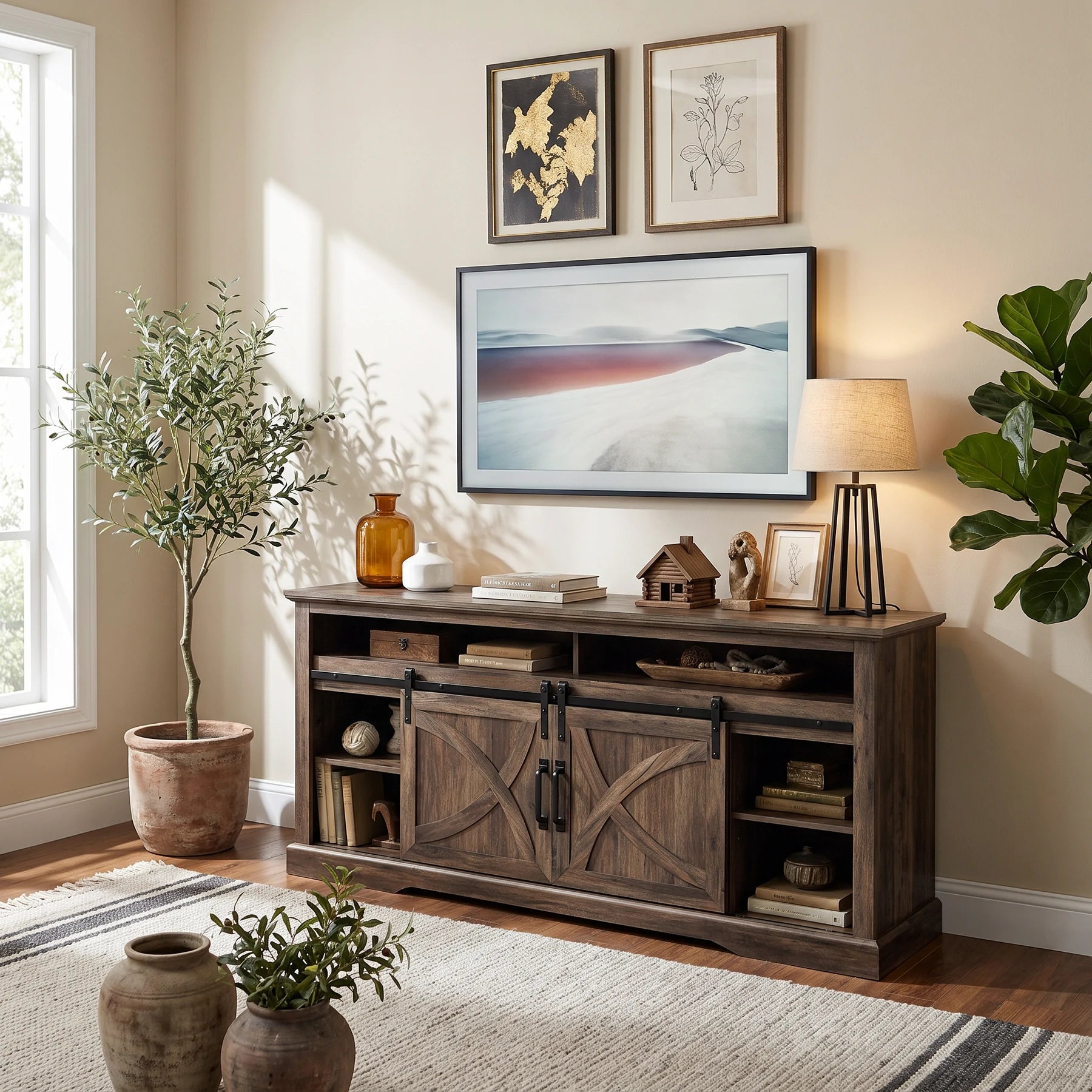 Rowan 173cm/68" Farmhouse Brown TV Stand with 23" Electric Fireplace Inset