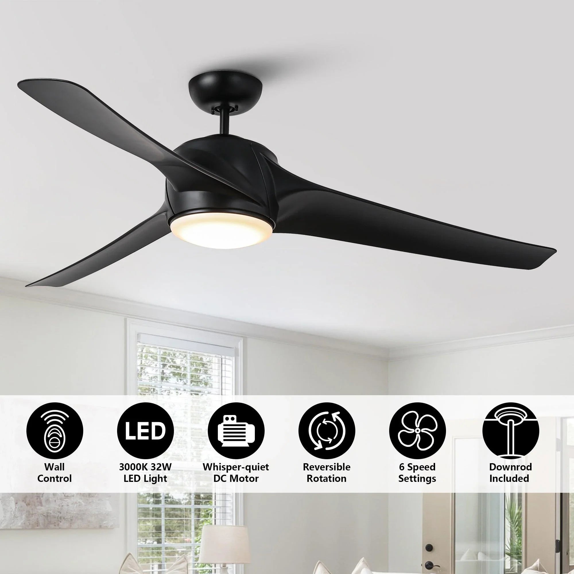 60" Wall Control 3 Blades Black Ceiling Fan with LED Lighting - Parrot Uncle UK