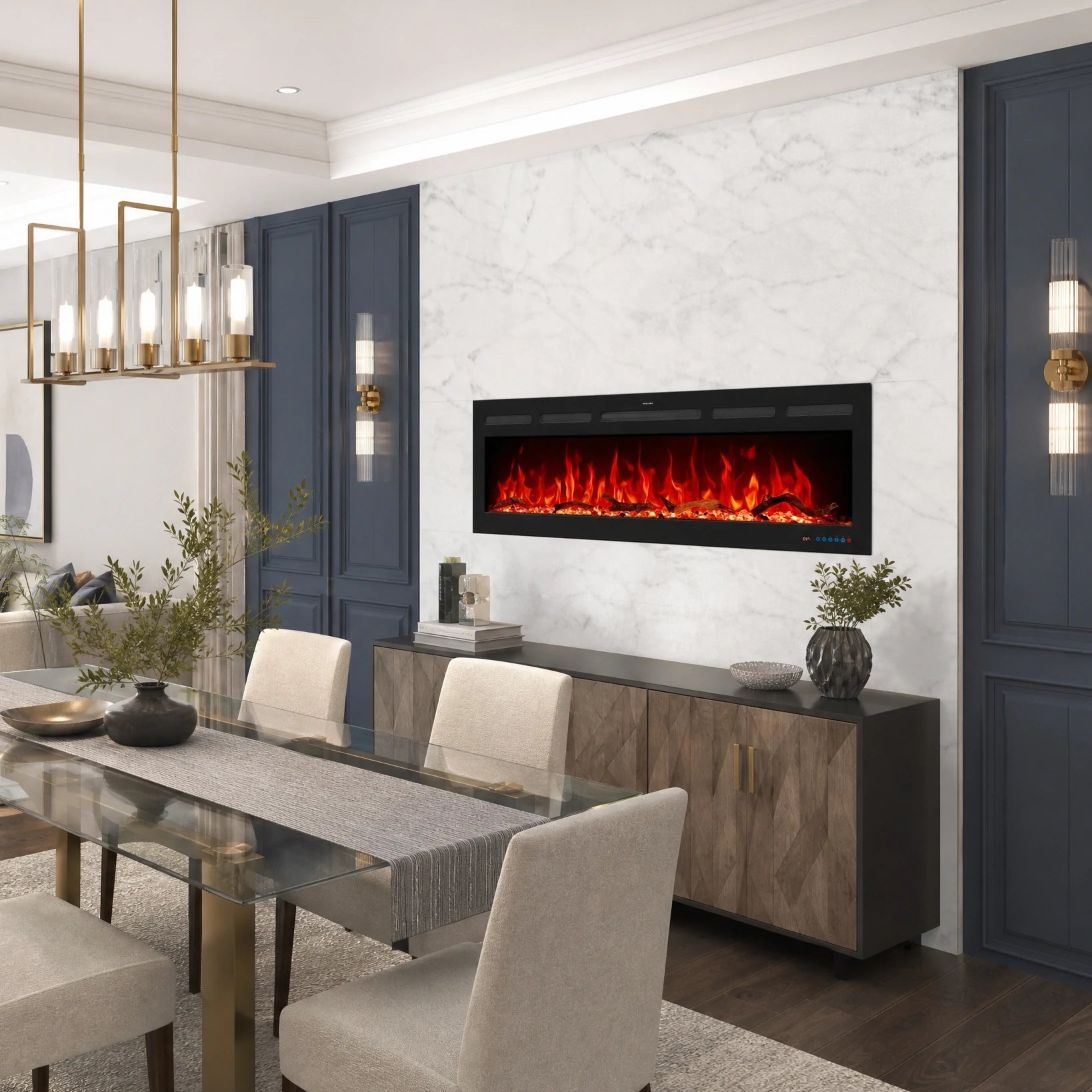 1524mm 60" EF60R Pro Hole in the Wall Electric Fire with 13 Flame Colors Inset Electric Fire with Remote Control 750/1500W
