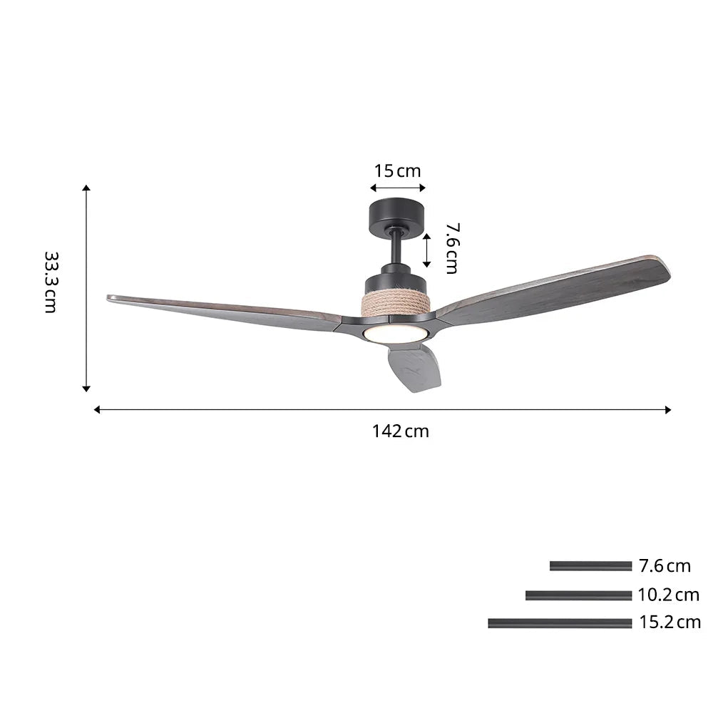 Louise Matte Black Ceiling Fan Ø142 cm with LED Light and 100% Solid Wood Blades