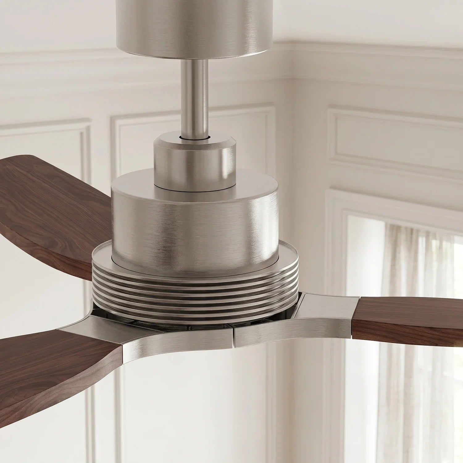 Louise Brushed Nickel/Dark Walnut Ceiling Fan Ø142 cm with 100% Solid Wood Blades