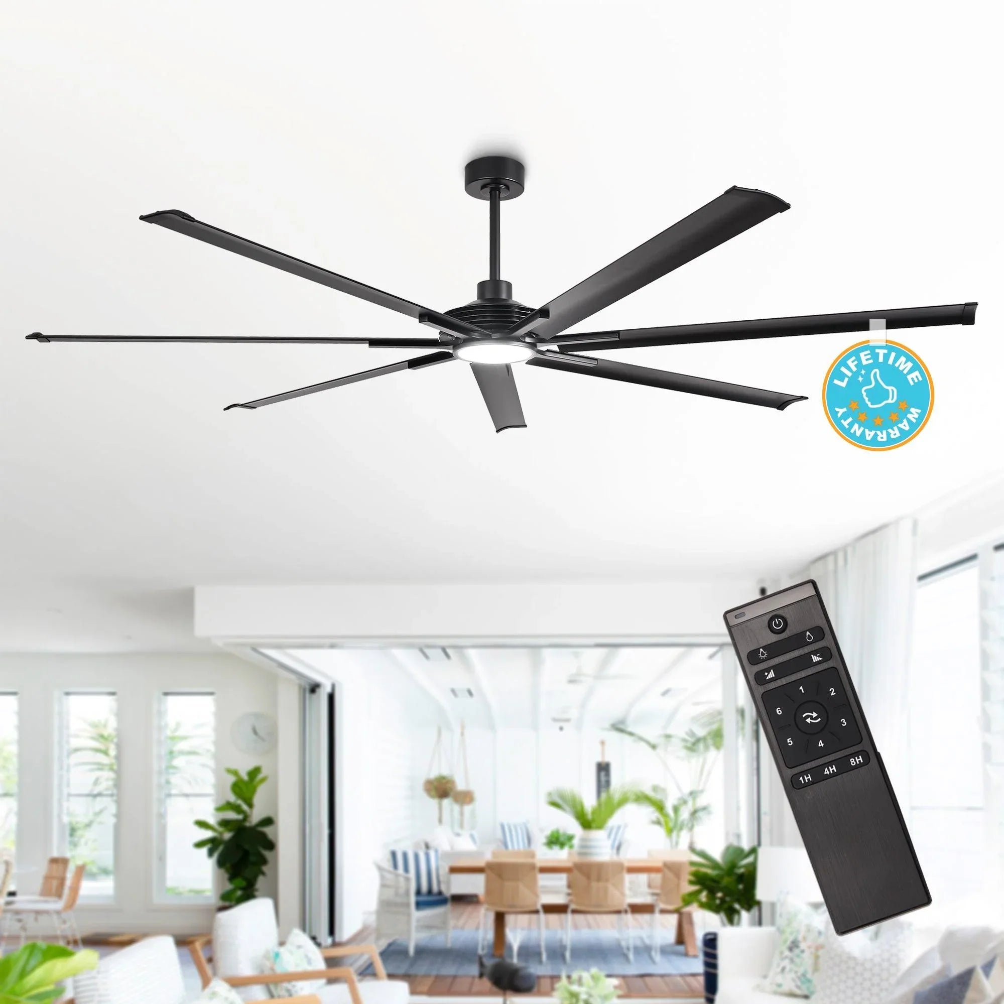 213cm (84") / 254cm (100") Padus Black Large Size Ceiling Fan with Dimmable Lighting and Remote Control