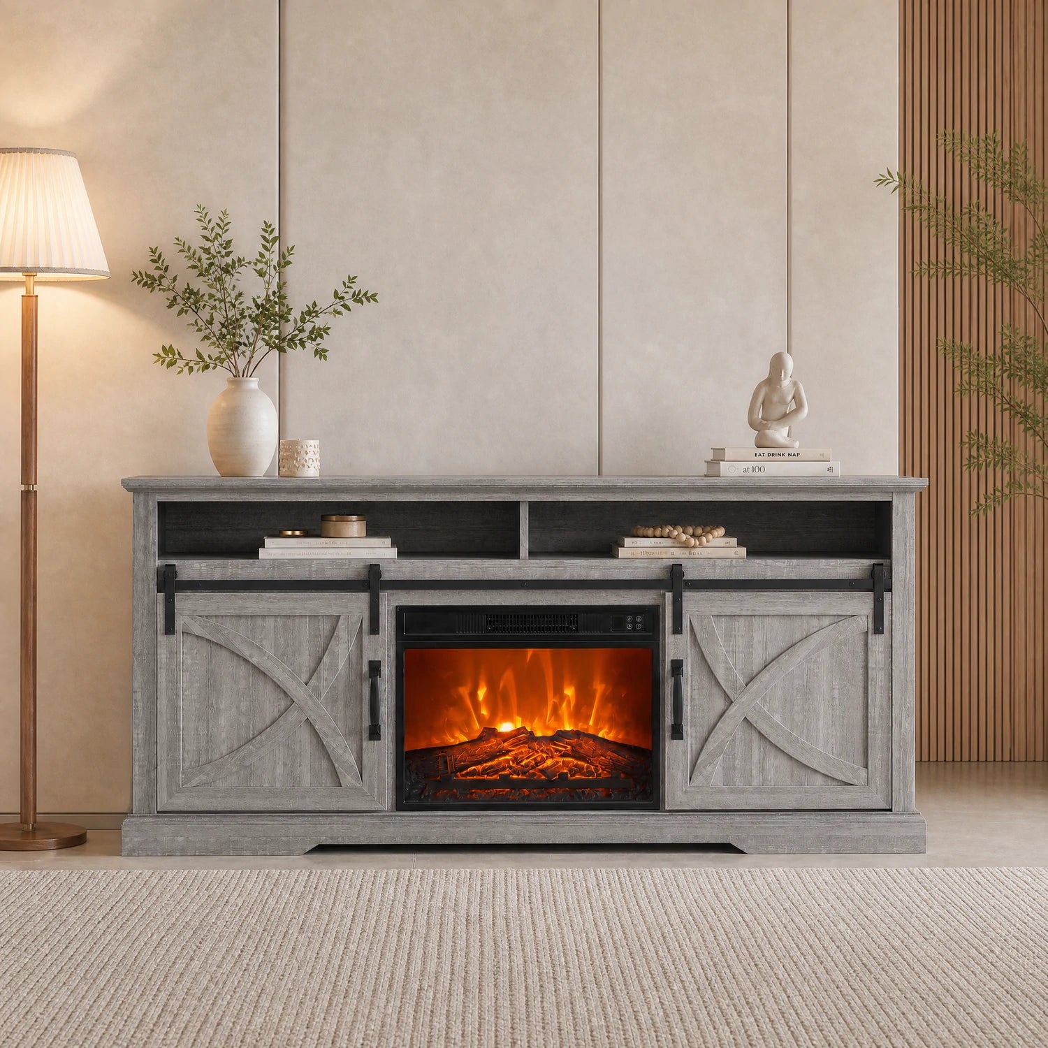 173cm/68" Farmhouse Grey TV Stand with 23" Electric Fireplace Inset