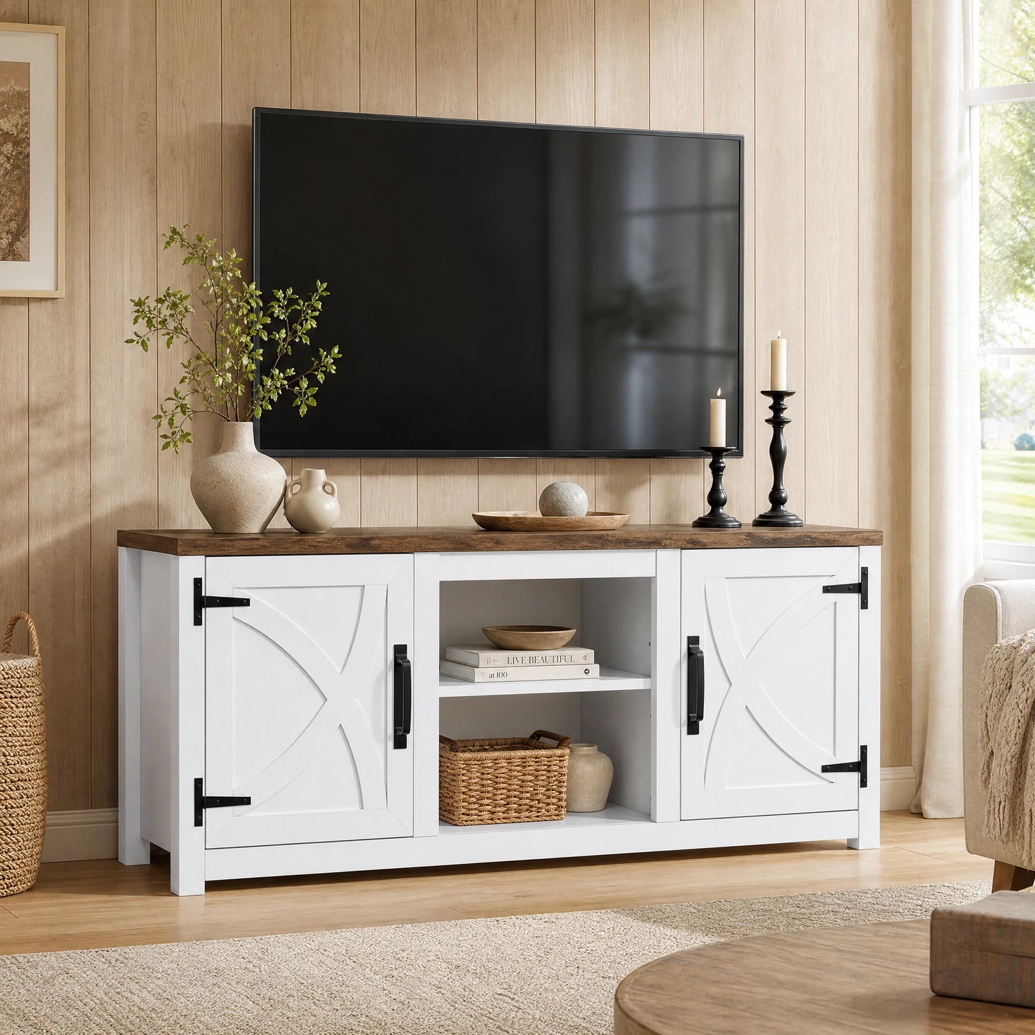 147cm/58" Recessed Electric Fireplace TV Stand with Closed Storage, Storage Cabinet with Adjustable Shelves, Fits Up to 65" TVs