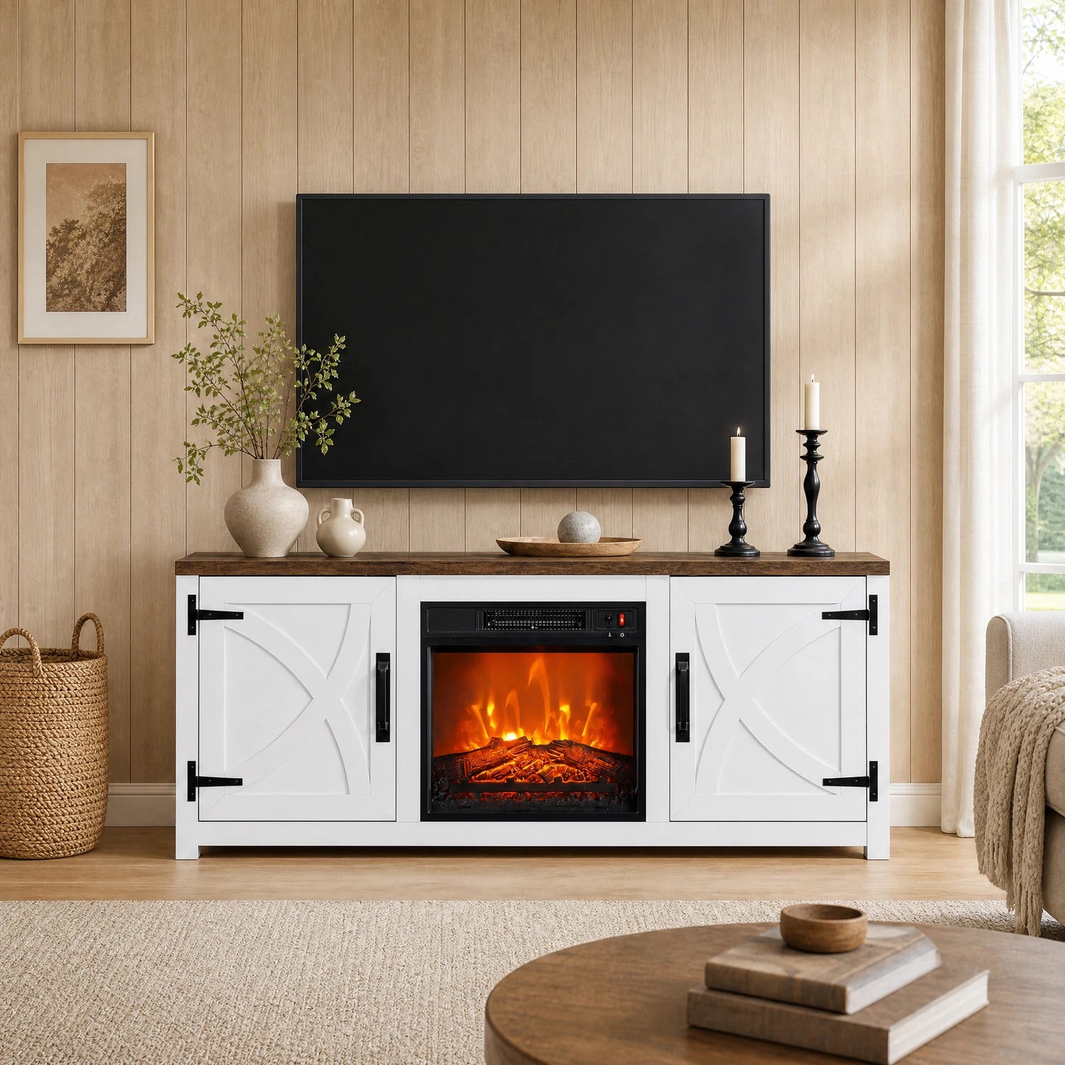 Ember 147cm/58" Recessed Electric Fireplace TV Stand with Closed Storage, Storage Cabinet with Adjustable Shelves, Fits Up to 65" TVs
