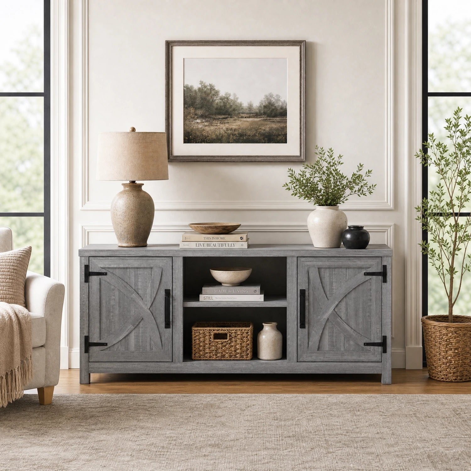 147cm/58" Grey TV Stand with Closed Storage, Storage Cabinet with Adjustable Shelves, Fits Up to 65" TVs