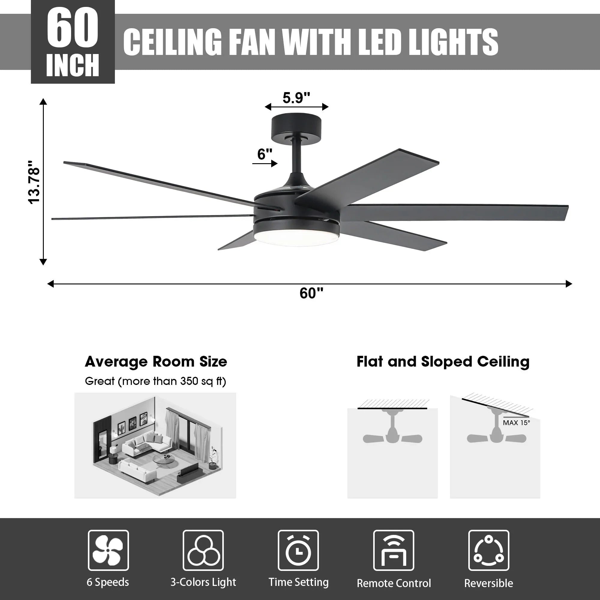 60" DC Motor 6 Blades Modern Downrod Mount Ceiling Fan with Remote Control - Parrot Uncle UK