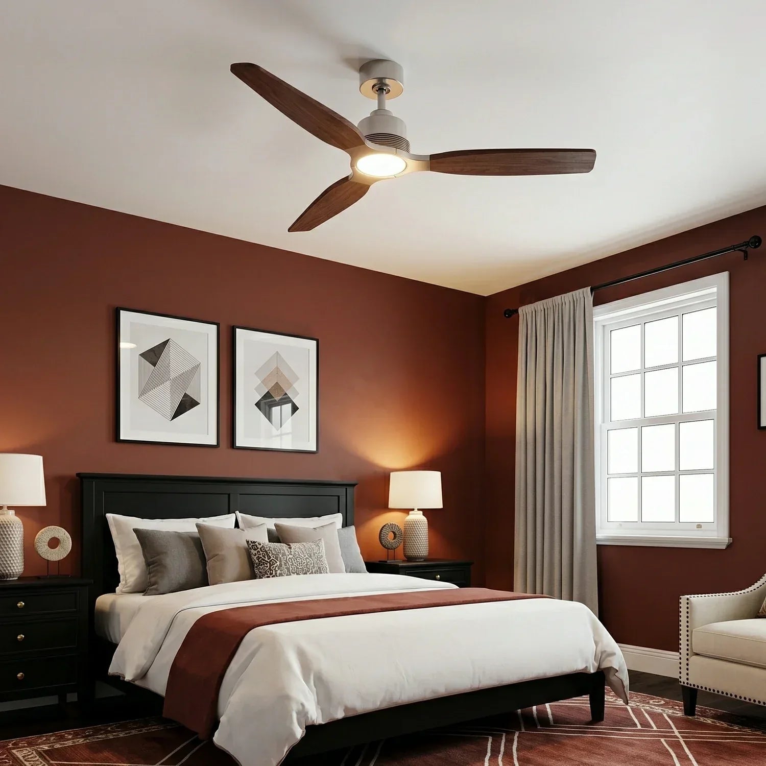 Louise Brushed Nickel/Dark Walnut Ceiling Fan Ø142 cm with 100% Solid Wood Blades