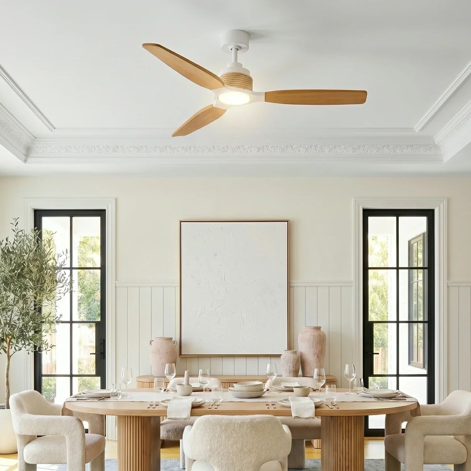 Louise White/Natural Wood Ceiling Fan Ø142 cm with 100% Solid Wood Blades