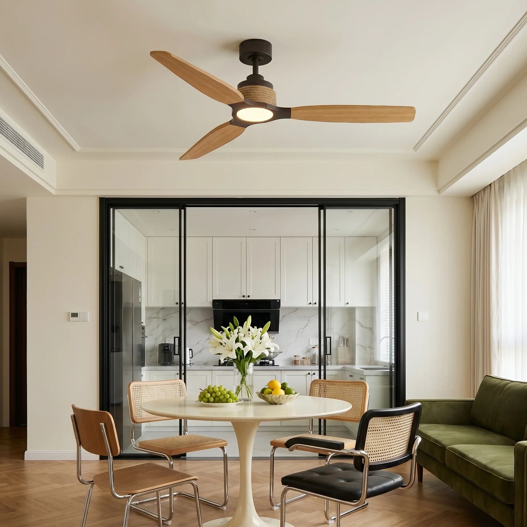 Louise Black/Natural Wood Ceiling Fan Ø142 cm with 100% Solid Wood Blades