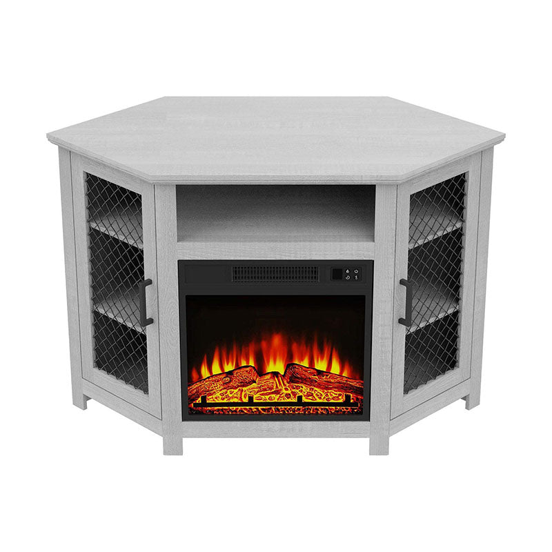 114cm Corner TV Stand with Electric Fire Console Table with 2 Metal Mesh Doors